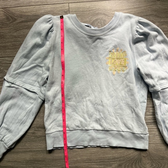 GANNI Light Blue Yellow Flower Long Puff Sleeves Backless Tie Sweatshirt Size M - Picture 8 of 11